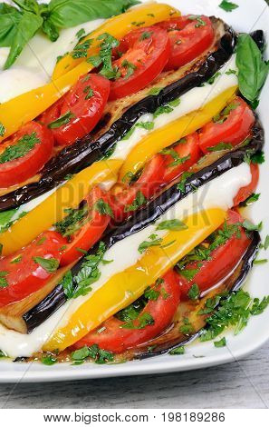 Baked eggplants with tomatoes yellow pepper and slices mozzarella