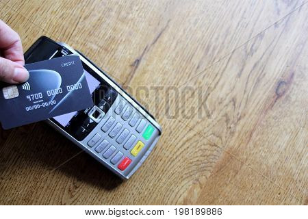 Contactless Payment Card Pdq Background Copy Space With Hand Holding Credit Card To Pay