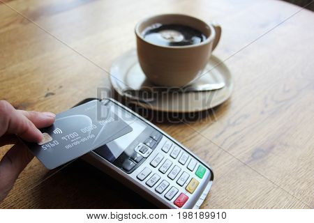 Contactless Payment Card Pdq Background Copy Space With Hand Holding Credit Card To Pay