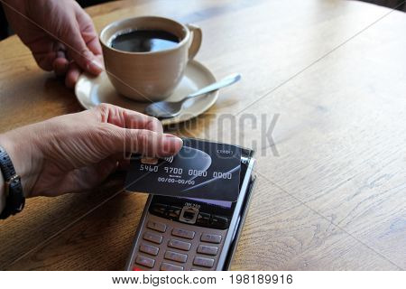 Contactless Payment Card Pdq Background Copy Space With Hand Holding Credit Card To Pay