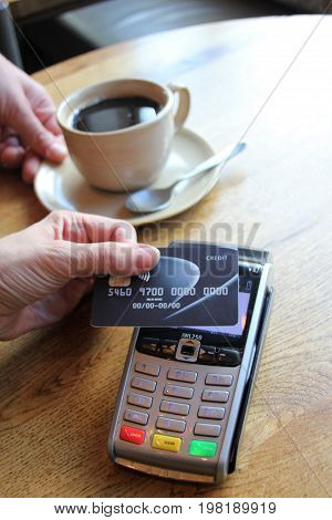 Contactless Payment Card Pdq Background Copy Space With Hand Holding Credit Card To Pay