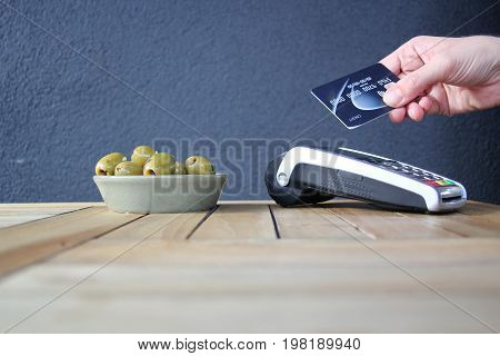 Contactless Payment Card Pdq Background Copy Space With Hand Holding Credit Card To Pay