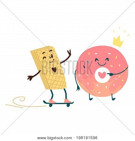 Vector sweet humanized character set. Skatboarding waffle, pink donut wearing golden crown with arms and legs. Flat cartoon isolated illustration on a white background. Funny smiley dessert.