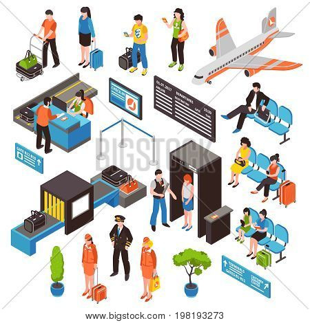 Airport passengers check-in security control gates waitig area and aircraft isometric icons collection isolated vector illustration
