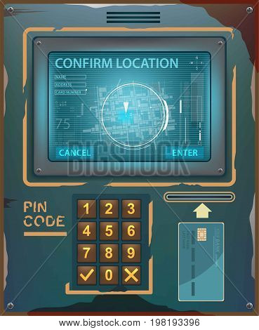 ATM machine with credit card. Withdrawing money from card concept. Payment using credit card. Vector illustration