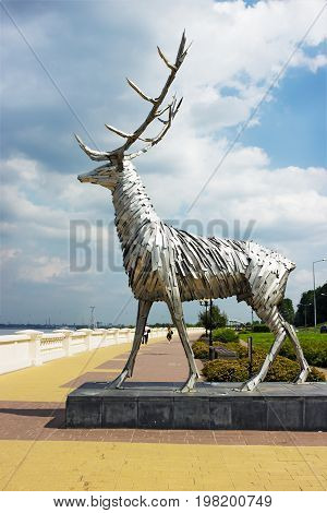 RUSSIA NIZHNY NOVGOROD - JUL 28 2017: One of the cities of the World Cup 2018. On waterfront there is a sculpture of a deer symbol of Nizhny Novgorod
