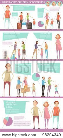 Adults abuse children inforgaphics with characters of parents and teenagers diagrams speech bubbles with editable text vector illustration