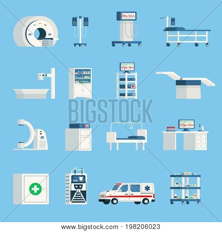 Hospital equipment orthogonal flat icons set of high-tech devices for surgery and examination of patient isolated vector illustration