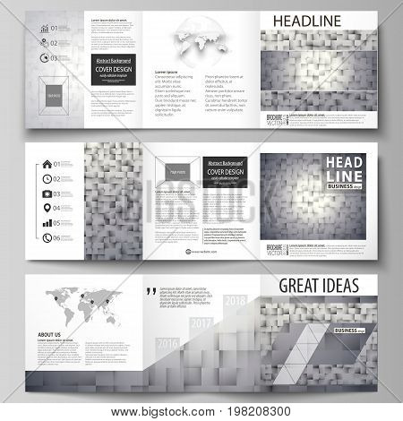 Set of business templates for tri fold square design brochures. Leaflet cover, abstract layout, easy editable vector. Pattern made from squares, gray background in geometrical style. Simple texture.