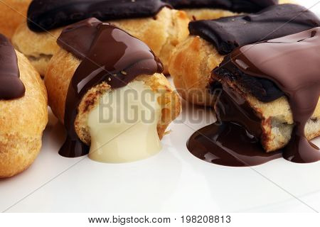 Traditional French Dessert. Eclair With Chocolate Icing. Pastery Concept