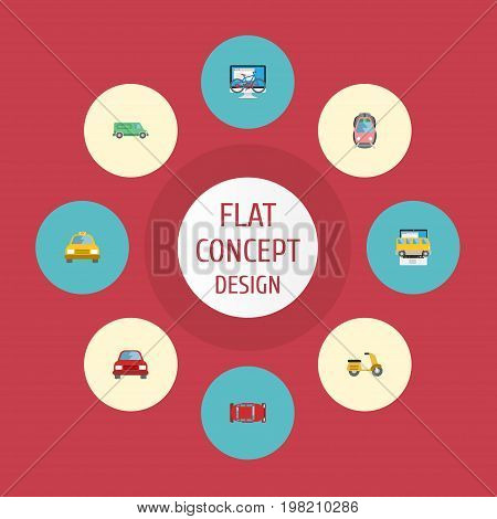 Flat Icons Scooter, Omnibus, Automotive And Other Vector Elements