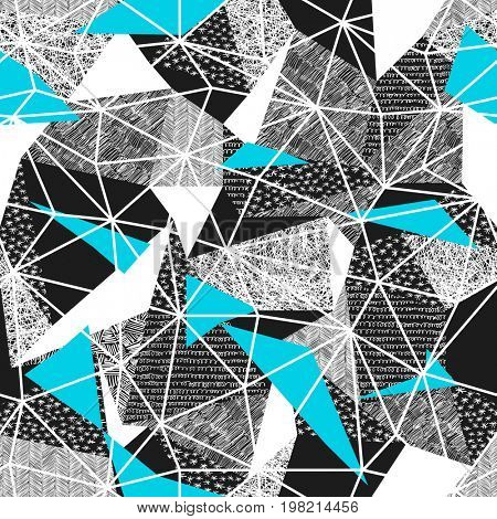Geometric seamless pattern in retro style. Vintage background.Triangles and hand drawn patterns. Low poly seamless repeat pattern. Triangular facets.  raster pattern. Cyan Triangles