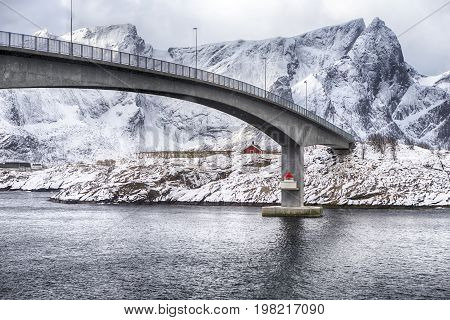 Travel Destinations. View of Long Famous and Renowned Fredvang Bridge in Norway at Lofoten Islands. Horizontal Composition