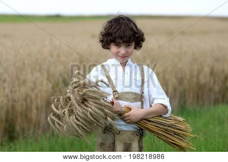 A boy in traditional Bavarian clothes stands in the field and holds a sheaf of rye in his hands. Harvesting.