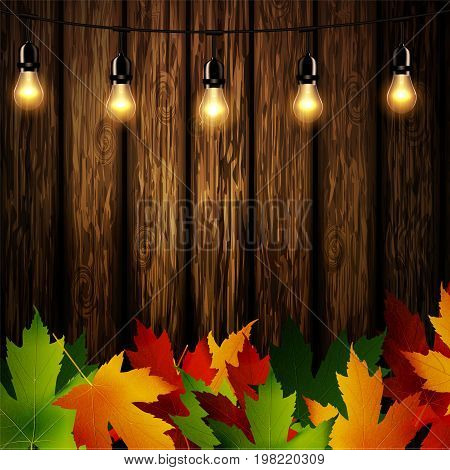 Wooden wall with autumn leaves and falling leaves vector illustration