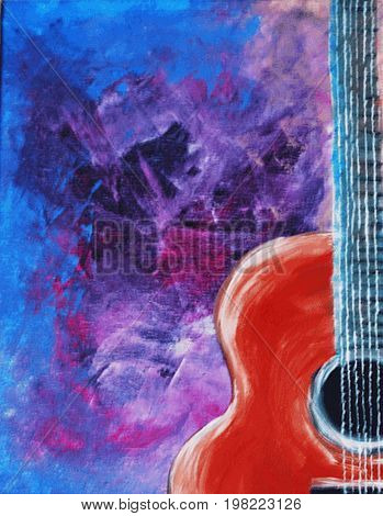 Acrylic Painting on Canvas of Acoustic Guitar on a Blue, Black and Violet Background