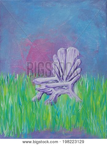 Acrylic Painting on Canvas of Adirondack Chair in Meadow using Greens, Blues, Violets, Pinks