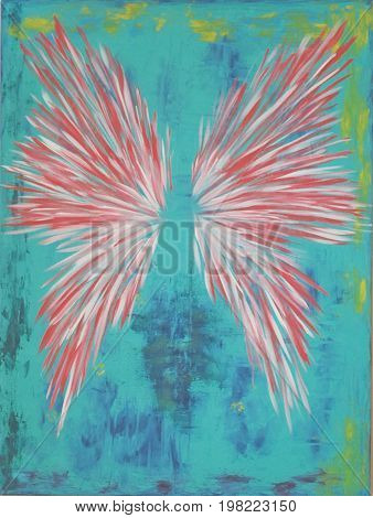 Acrylic Painting on Canvas of Wings on Blue Green Background with Yellow Accents