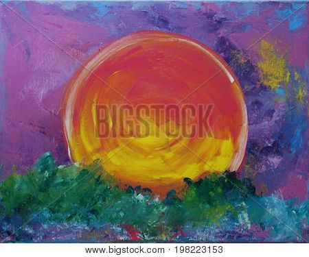Acrylic Painting on Canvas of Yellow and Red Sunset on Green, Blue, Violet Background