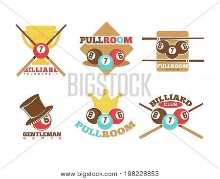 Pool or billiards vector icons or templates set of cues and balls for poolroom game club contest. Emblems or logos for championship tournament wih champion winner cup award and victory crown