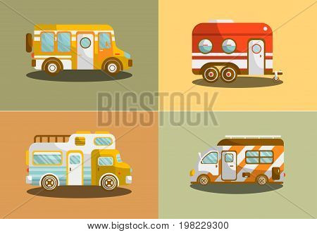 Camping bus or camper van motorhome car or vehicle types. Holiday trip mobile accommodation of vintage or modern caravanette coach. Vector illustration of recreation or family camp travel or tourism
