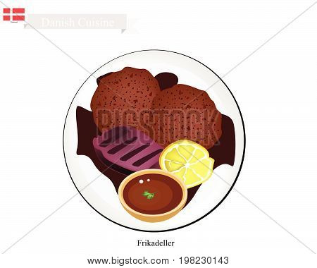 Danish Cuisine, Illustration of Frikadeller or Traditional Pan Fried Ground Beef Patty Served with Gravy and Slice Lemon. One of The Most Famous Dish in Denmark.