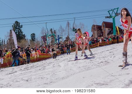 Sheregesh, Kemerovo region, Russia - April 22, 2017: Grelka Fest is a sports and entertainment activity for ski and snowboard riders in bikini. Group of young women on a snowboard in colorful bikini.