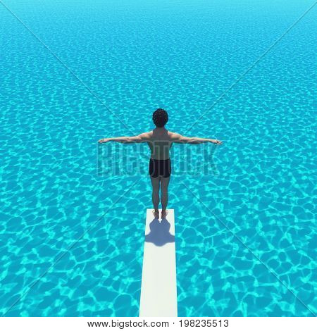 Young man jumping from trampoline into sea. This is a 3d render illustration