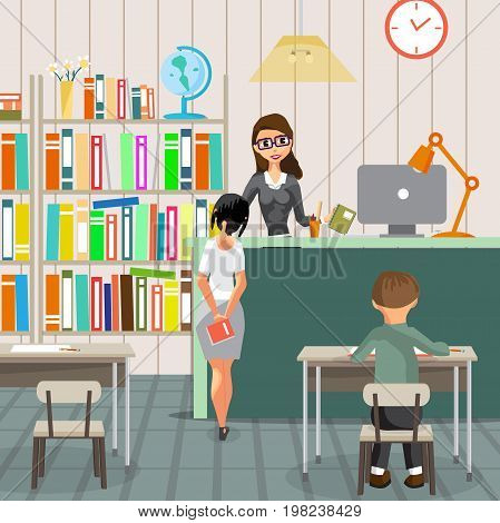 School library and reading room. The young librarian gives out the books at the counter. Vector flat cartoon illustration