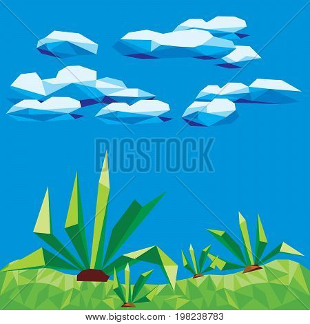 Vector graphic. Polygon cactus set. Clouds background