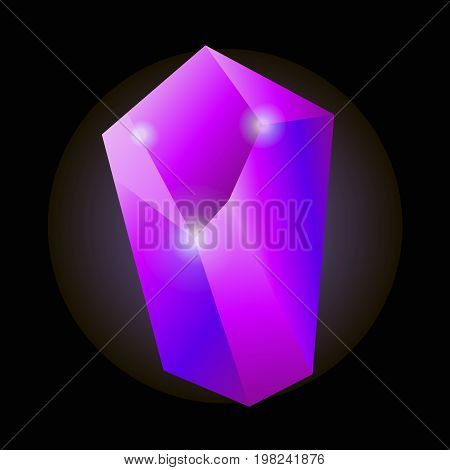 Shiny purple natural crystal with luminescent properties isolated cartoon vector illustration on black background. Uncut precious stone of bright neon color with small sparkles on sharp edges.