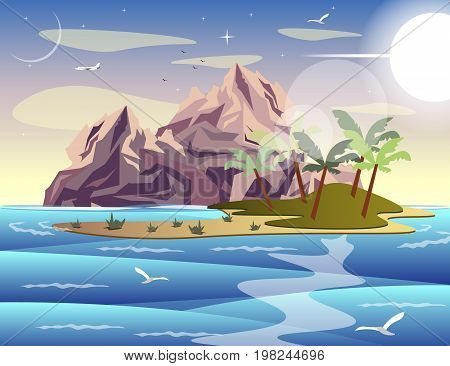 Tropical island in sea with mountains . Vector illustration
