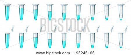 A set of the opened and closed microtest tubes with different amount of blue liquid on a white transparent background. Mono to use on transparent. Realistic vector illustration.