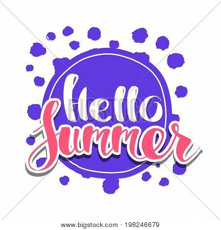 Hello Summer on color circle. Isolated Typographic Design Label. Season Holidays lettering for logoTemplates invitation greeting card prints and posters. Enjoy The Beach party