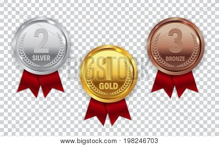 Champion Gold, Silver and Bronze Medal with Red Ribbon Icon Sign First, Secondand Third Place Collection Set Isolated on Transparent Background. Vector Illustration EPS10