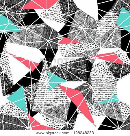 Geometric seamless pattern in retro style. Vintage background.Triangles and hand drawn patterns. Low poly seamless repeat pattern. Triangular facets.  raster pattern. Pink and Cyan Triangles