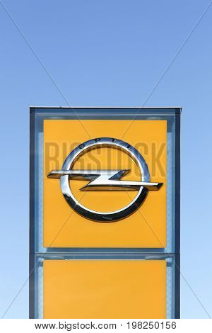 Odder, Denmark - September 6, 2015: Opel logo on a panel. Opel is a german automobile manufacturer headquartered in Russelsheim, Germany and a subsidiary of General Motors Company