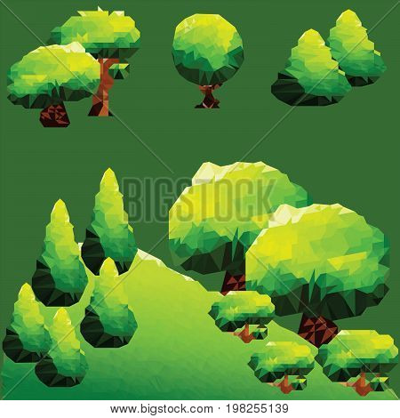 Abstract polygonal green landscape with trees and pines on the mountain