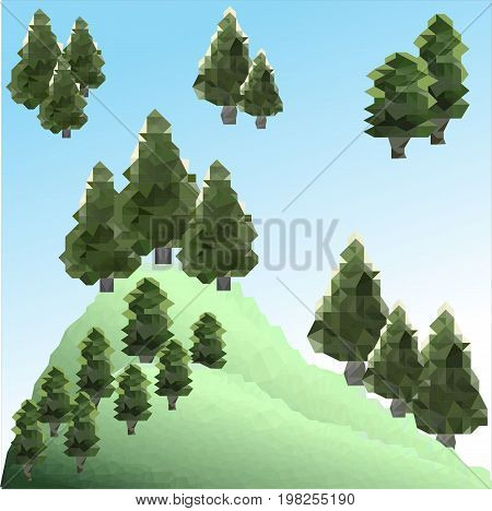 Abstract polygonal green landscape with pines on the mountain