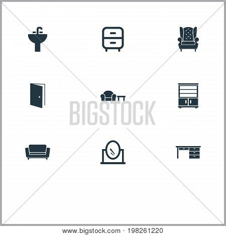 Elements Vintage Accessory, Trestle, Tap And Other Synonyms Cabinet, Office And Cupboard.  Vector Illustration Set Of Simple Furnishings Icons.