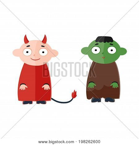 Vector illustration of cute kids wearing halloween costumes - Devil and Frankenstein