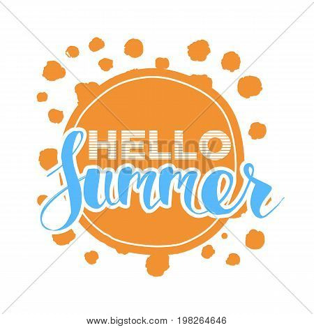 Hello Summer on color circle. Isolated Typographic Design Label. Season Holidays lettering for logoTemplates invitation greeting card prints and posters. Enjoy The Beach party