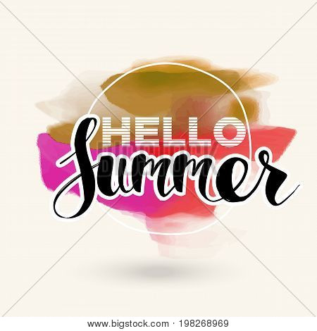 Hello Summer on color blob. Isolated Typographic Design Label. Season Holidays lettering for logoTemplates invitation greeting card prints and posters. Enjoy The Beach party