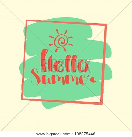 Hello Summer on color blob. Isolated Typographic Design Label. Season Holidays lettering for logoTemplates invitation greeting card prints and posters. Enjoy The Beach party