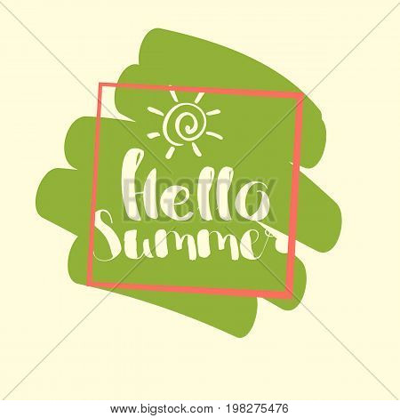 Hello Summer on color blob. Isolated Typographic Design Label. Season Holidays lettering for logoTemplates invitation greeting card prints and posters. Enjoy The Beach party