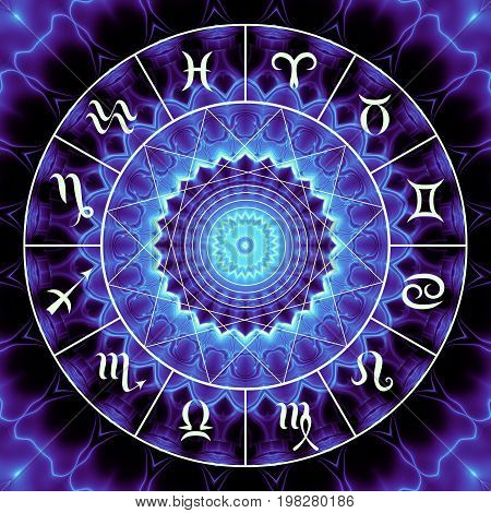 Magic circle with zodiacs sign on abstract mystic background.