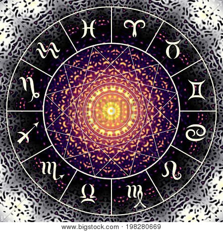 Magic circle with zodiacs sign on abstract mystic background.