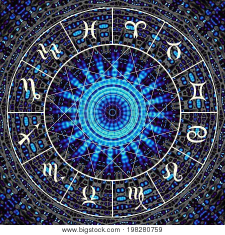Magic circle with zodiacs sign on abstract mystic background.