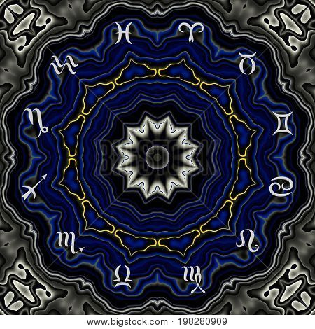 Magic circle with zodiacs sign on abstract mystic background.