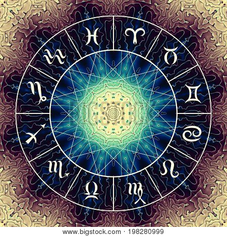 Magic circle with zodiacs sign on abstract mystic background.